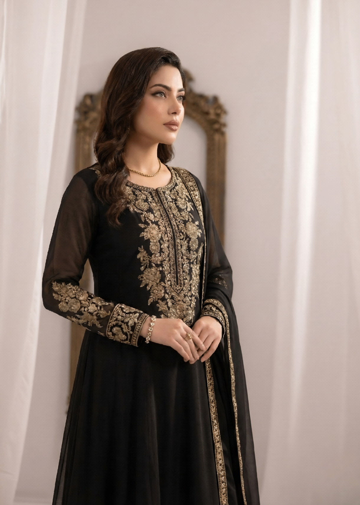 Ladies Black Embroidered Maxi Dress with Organza Dupatta Online in UK USA Canada