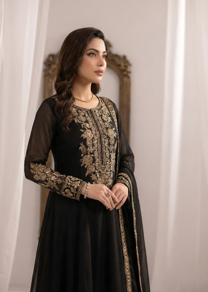 Ladies Black Embroidered Maxi Dress with Organza Dupatta Online in UK USA Canada