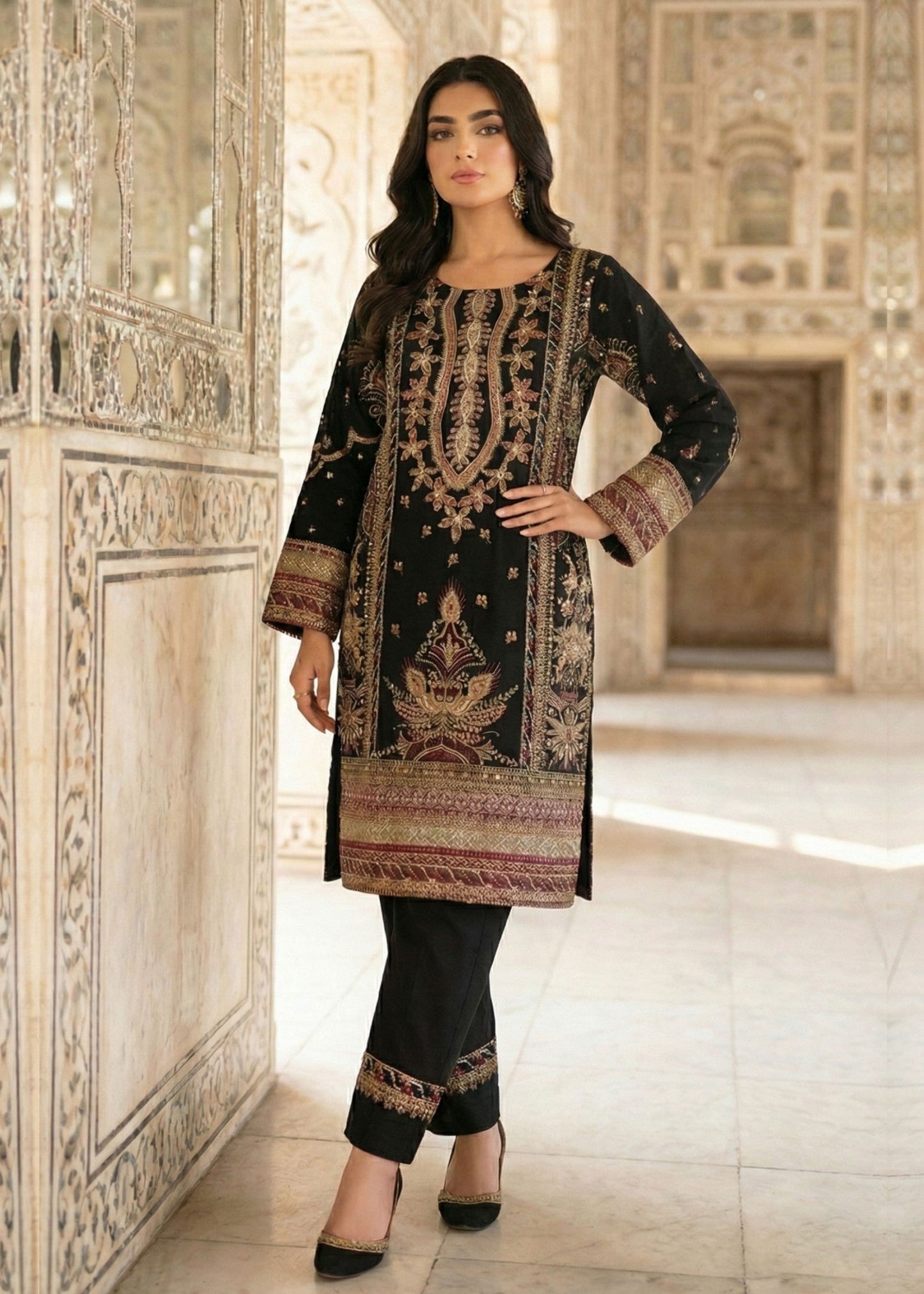 Ladies Black Embroidered Organza Shalwar Kameez Online in UK USA Canada