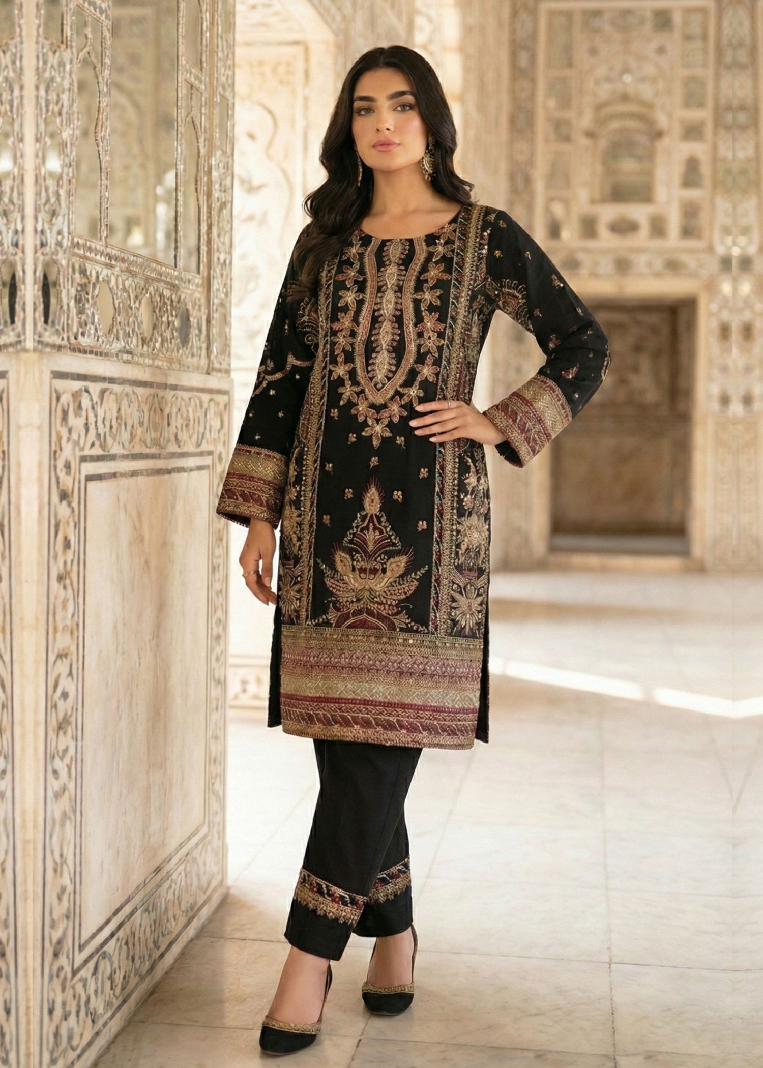Ladies Black Embroidered Organza Shalwar Kameez Online in UK USA Canada