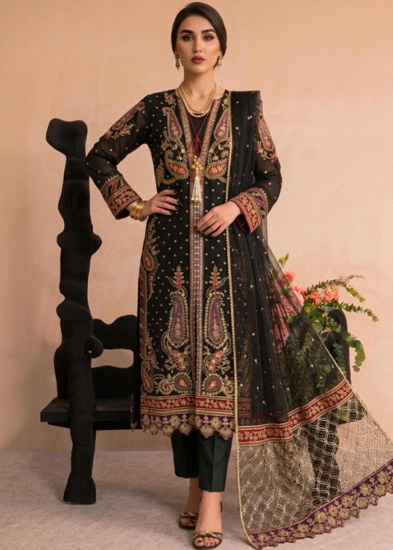 Ladies Black Embroidered Organza Shalwar Kameez Online in UK USA Canada