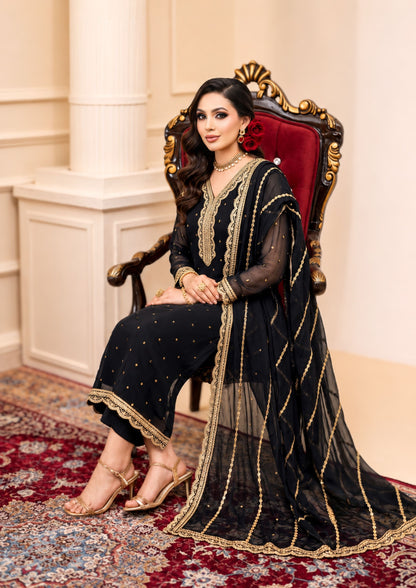 Ladies Black Embroidered Partywear Suit Online in UK USA Canada