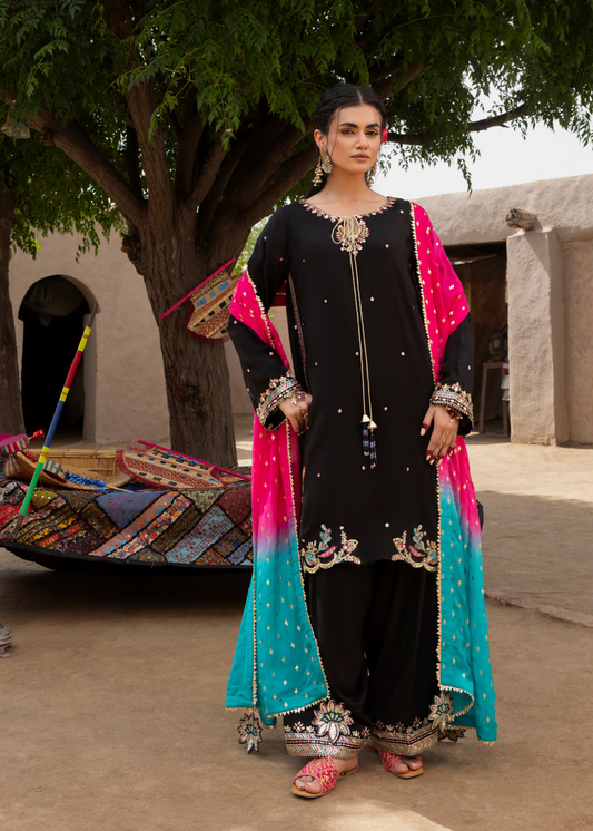 Ladies Black Embroidered Raw Silk Farshi Shalwar Online in UK USA Canada