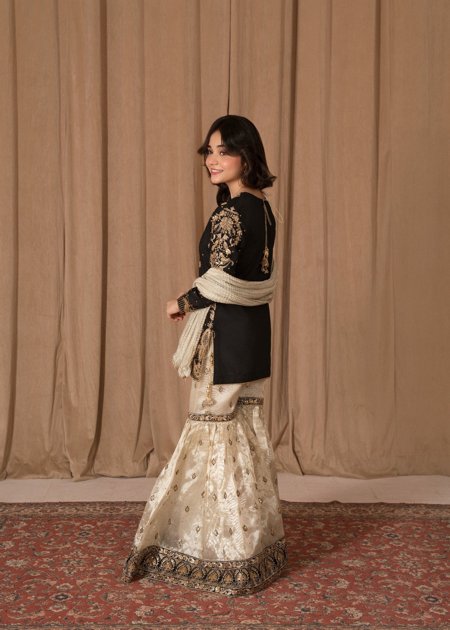 Ladies Black Embroidered Raw Silk Partywear Outfit Online in UK USA Canada