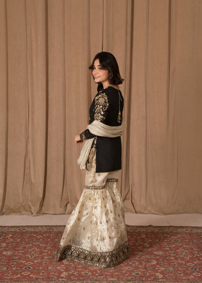 Ladies Black Embroidered Raw Silk Partywear Outfit Online in UK USA Canada