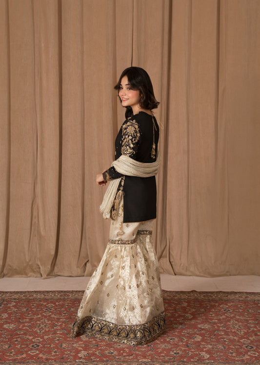 Ladies Black Embroidered Raw Silk Partywear Outfit Online in UK USA Canada