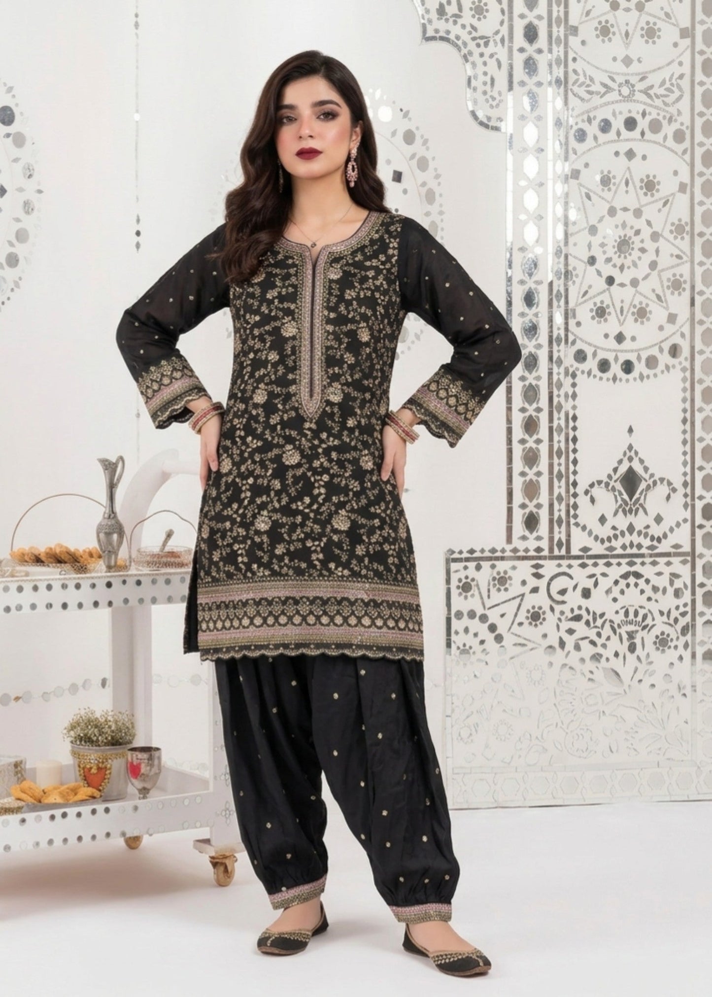 Ladies Black Embroidered Raw Silk Shalwar Suit Online in UK USA Canada