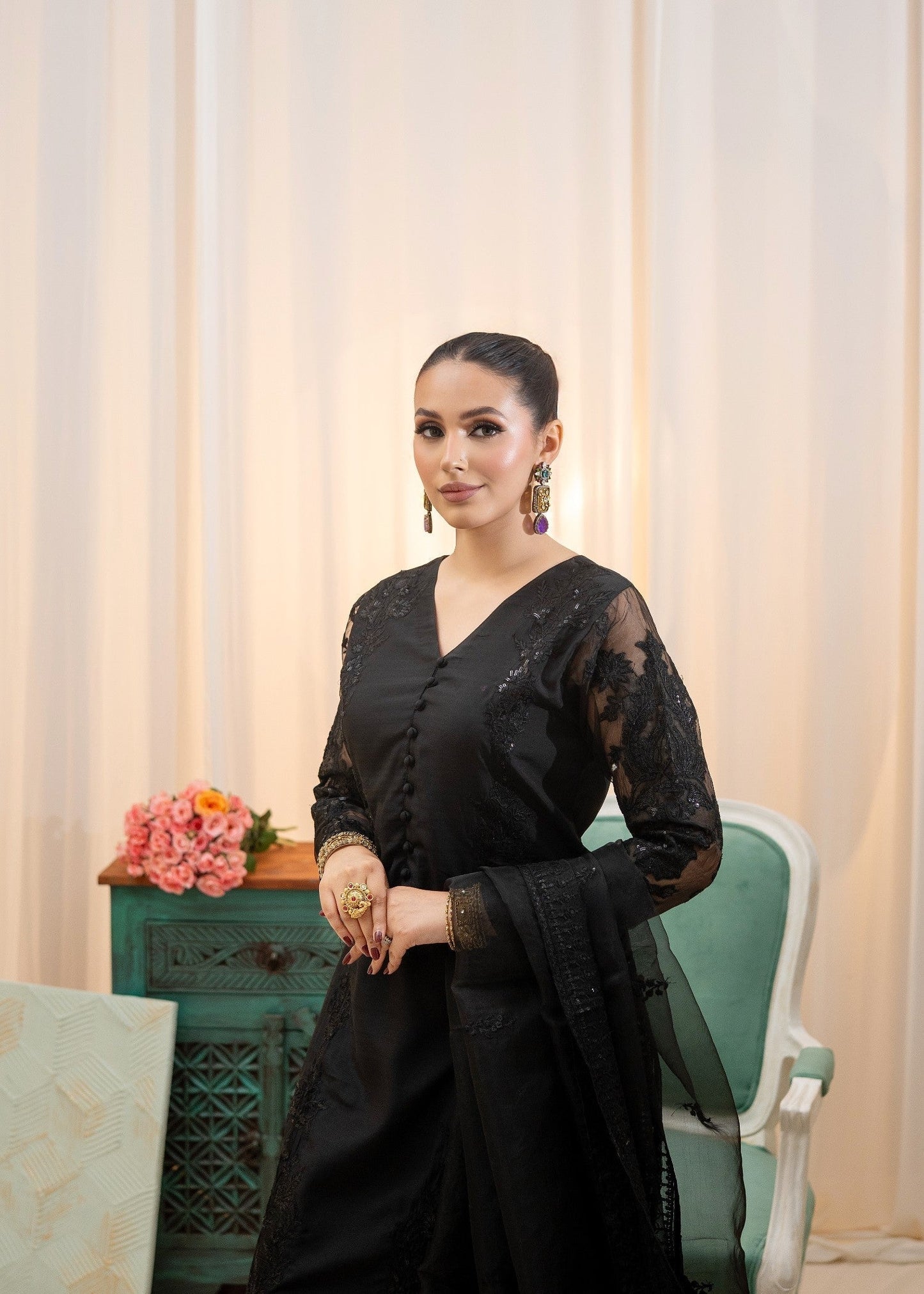 Ladies Black Embroidered Raw Silk Suit Online in UK USA Canada