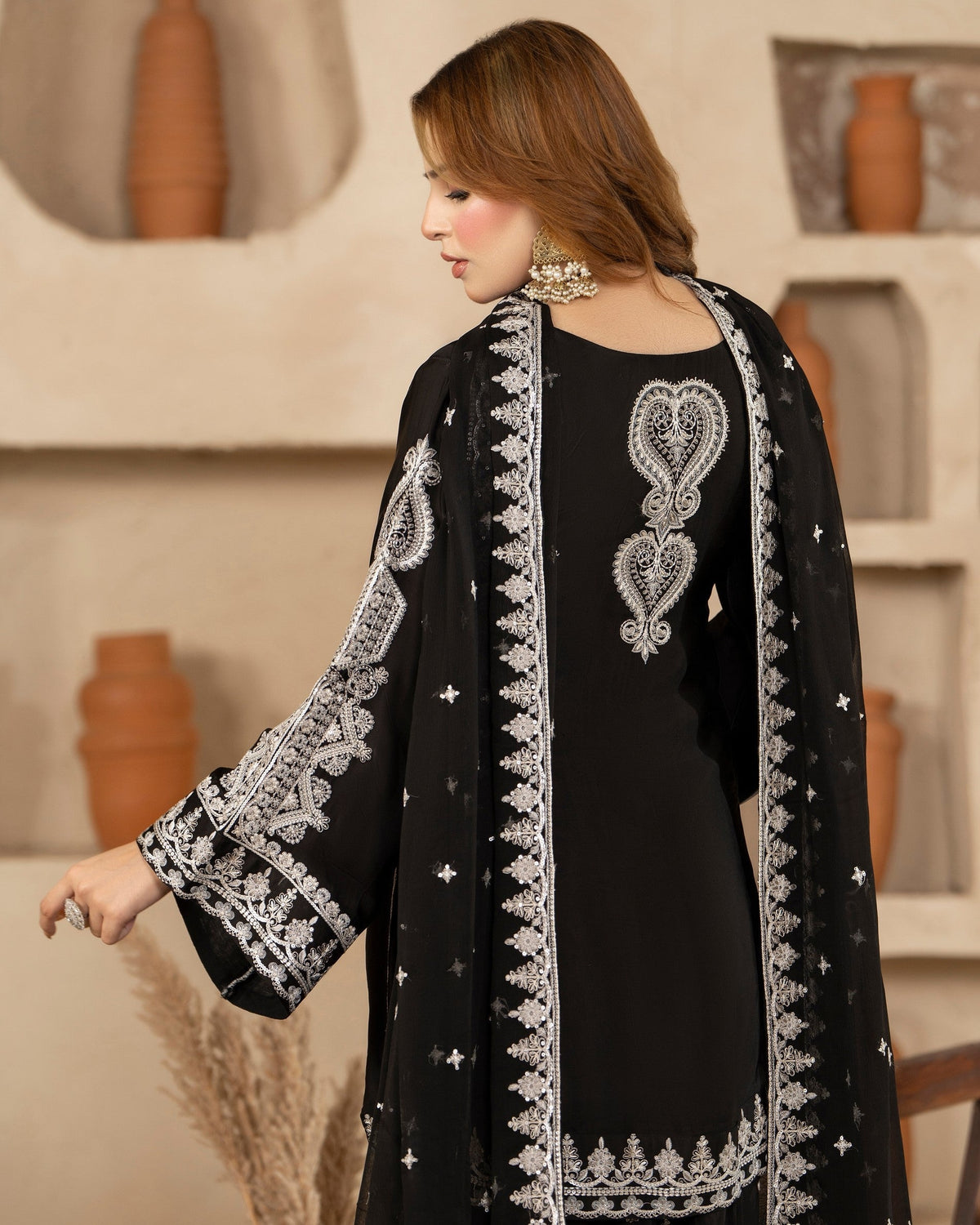 Ladies Black Embroidered Shamoz Silk Salwar Kameez Online in KSA Riyadh Saudi Arabia Oman Bahrain Qatar