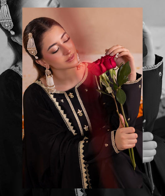 Ladies Black Embroidered Silk Shalwar Kameez Online in UK USA Canada