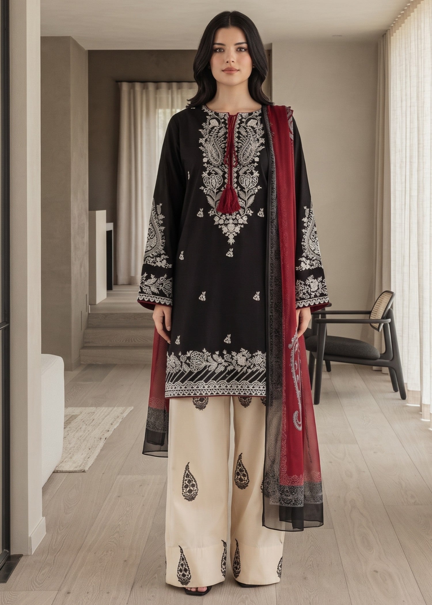 Ladies Black Embroidered Straight Kurta Set Online in UK USA Canada