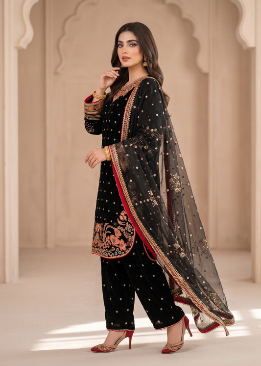 Ladies Black Embroidered Velvet Shalwar Kameez Online in UK USA Canada