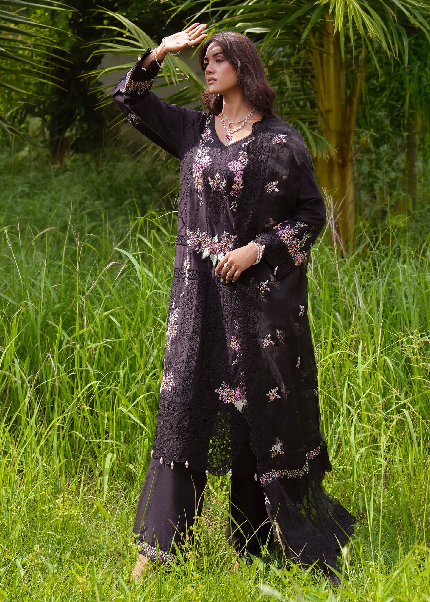 Ladies Black Floral Embroidered Cambric Shalwar Kameez Online in UK USA Canada
