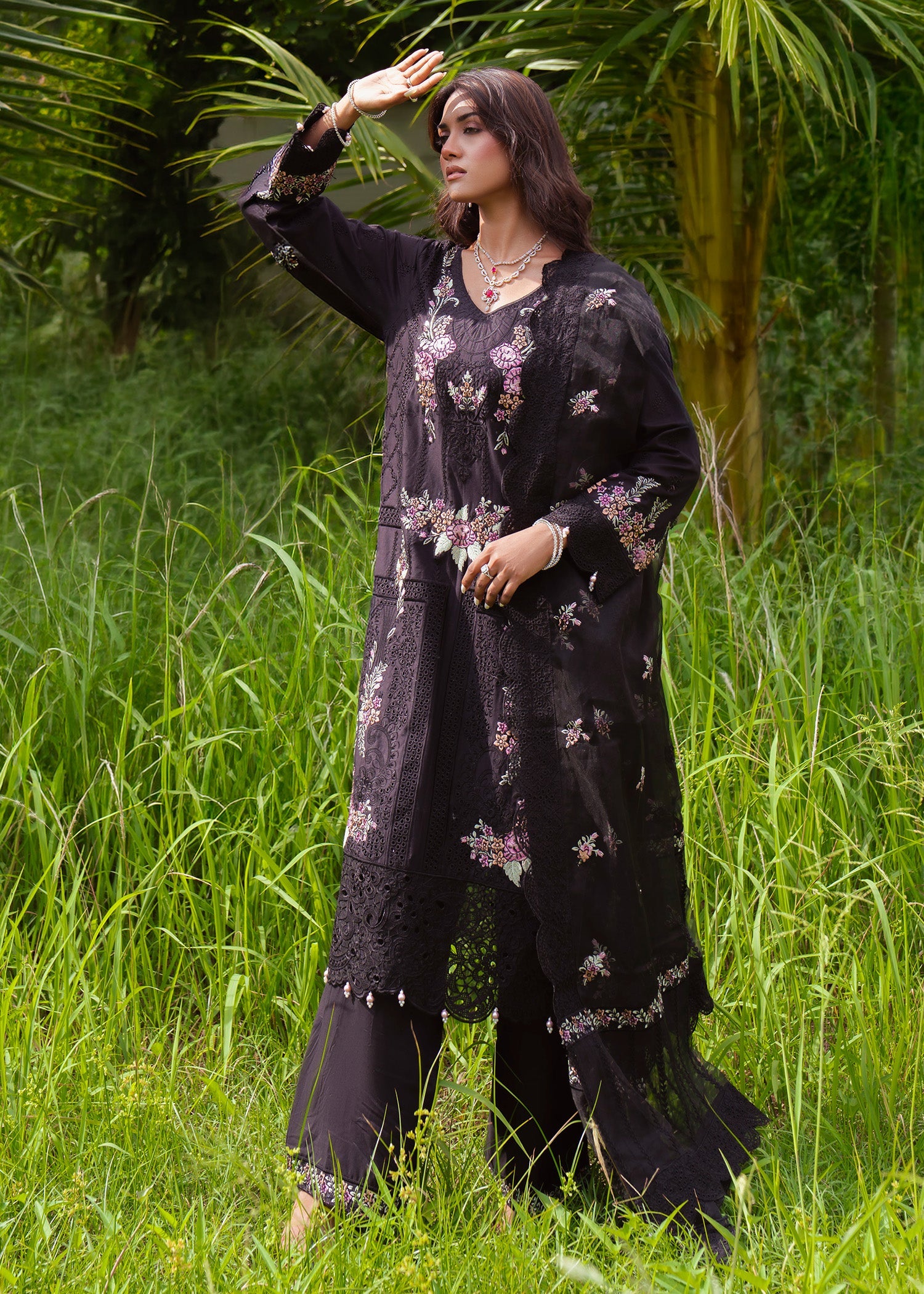 Ladies Black Floral Embroidered Cambric Shalwar Kameez Online in UK USA Canada