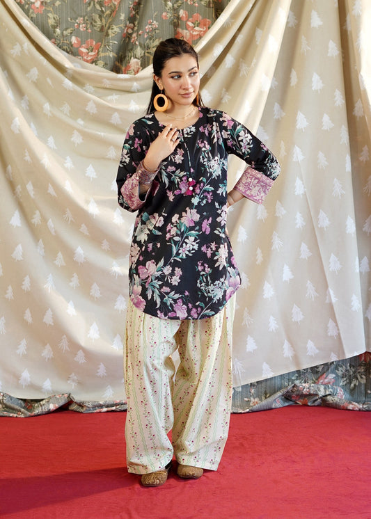 Ladies Black Floral Print Lawn Kurta Set Online in Dubai DXB UAE Abudhabi Meena Bazaar