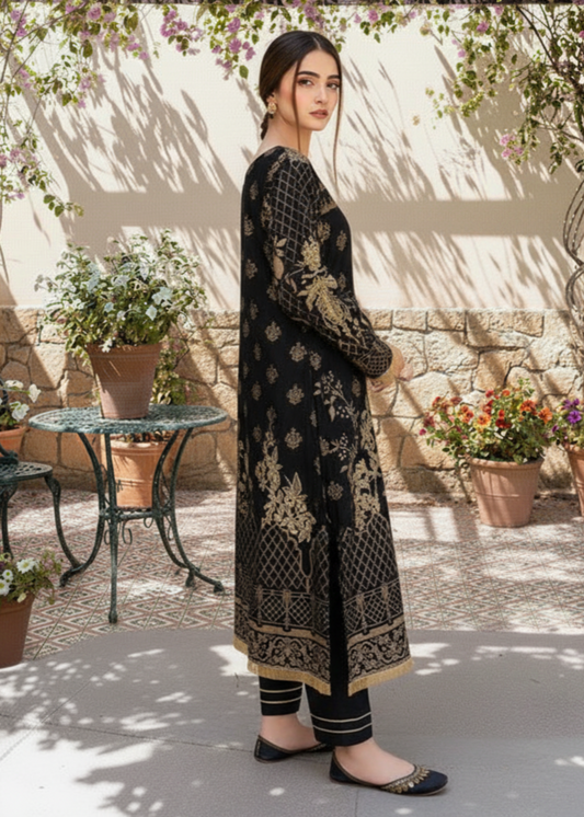 Ladies Black Jacquard Party Wear Suit Online in UK USA Canada