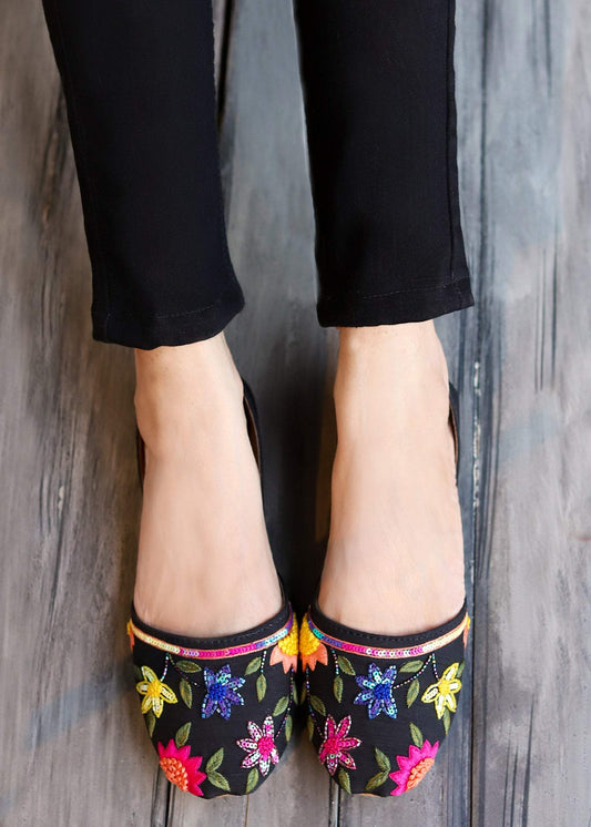 Ladies Black Leather Khussa with Multi Color Embroidery Online in KSA Riyadh Saudi Arabia Oman Bahrain Qatar