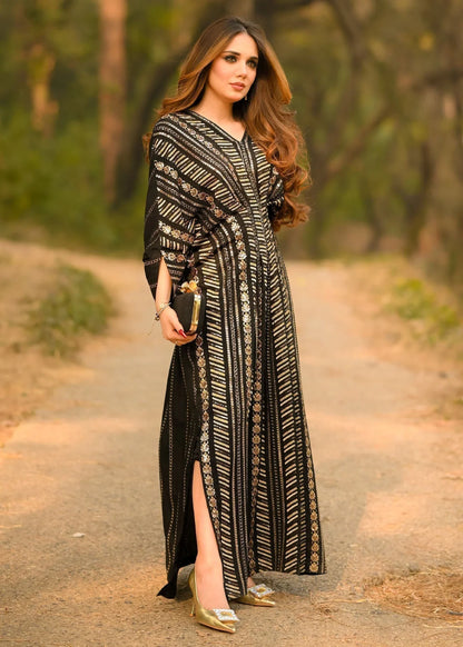Ladies Black Linen Kaftan Pakistani Partywear Online in KSA Riyadh Saudi Arabia Oman Bahrain Qatar
