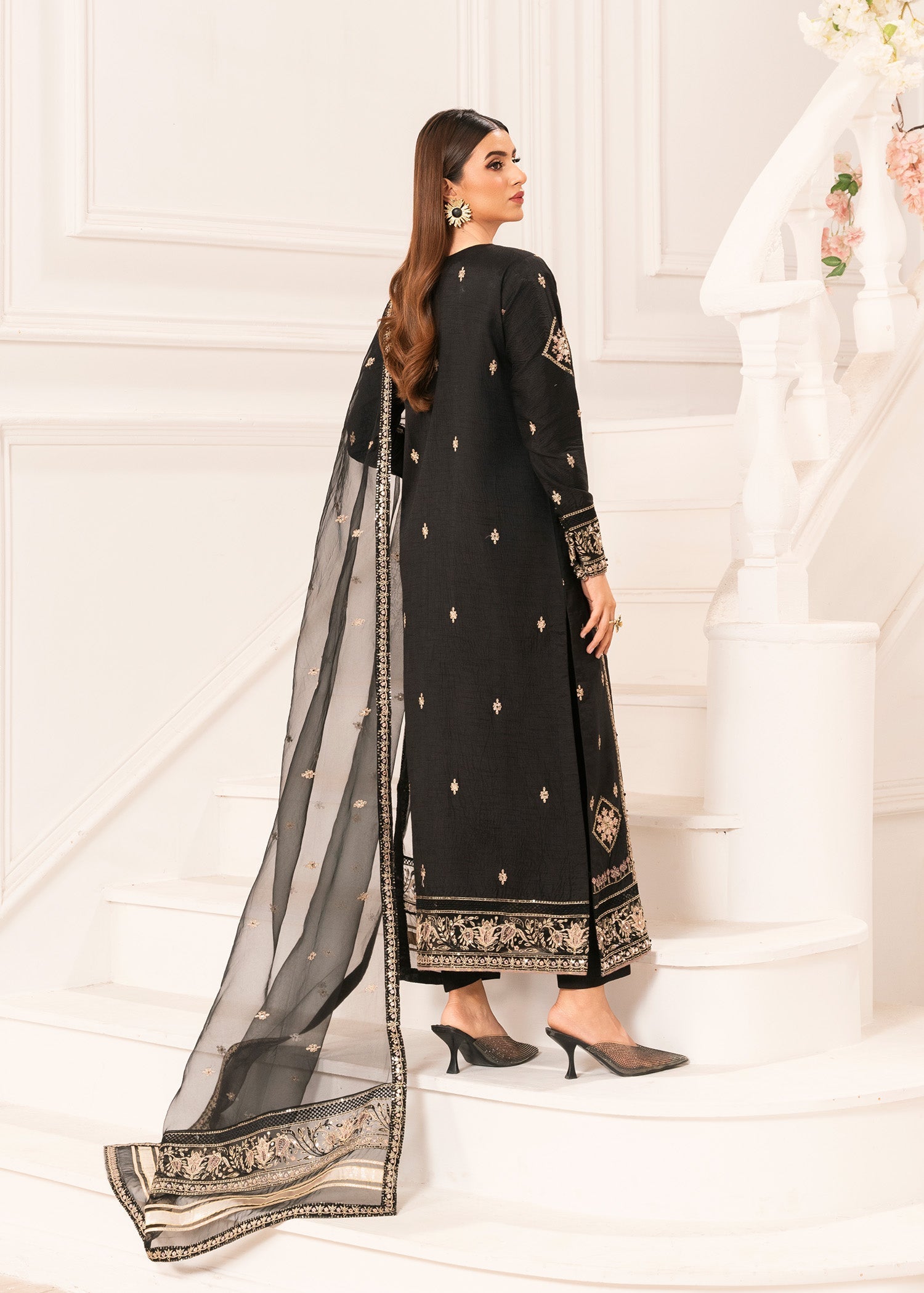 Ladies Black Organza Dupatta Raw Silk Suit Online in UK USA Canada