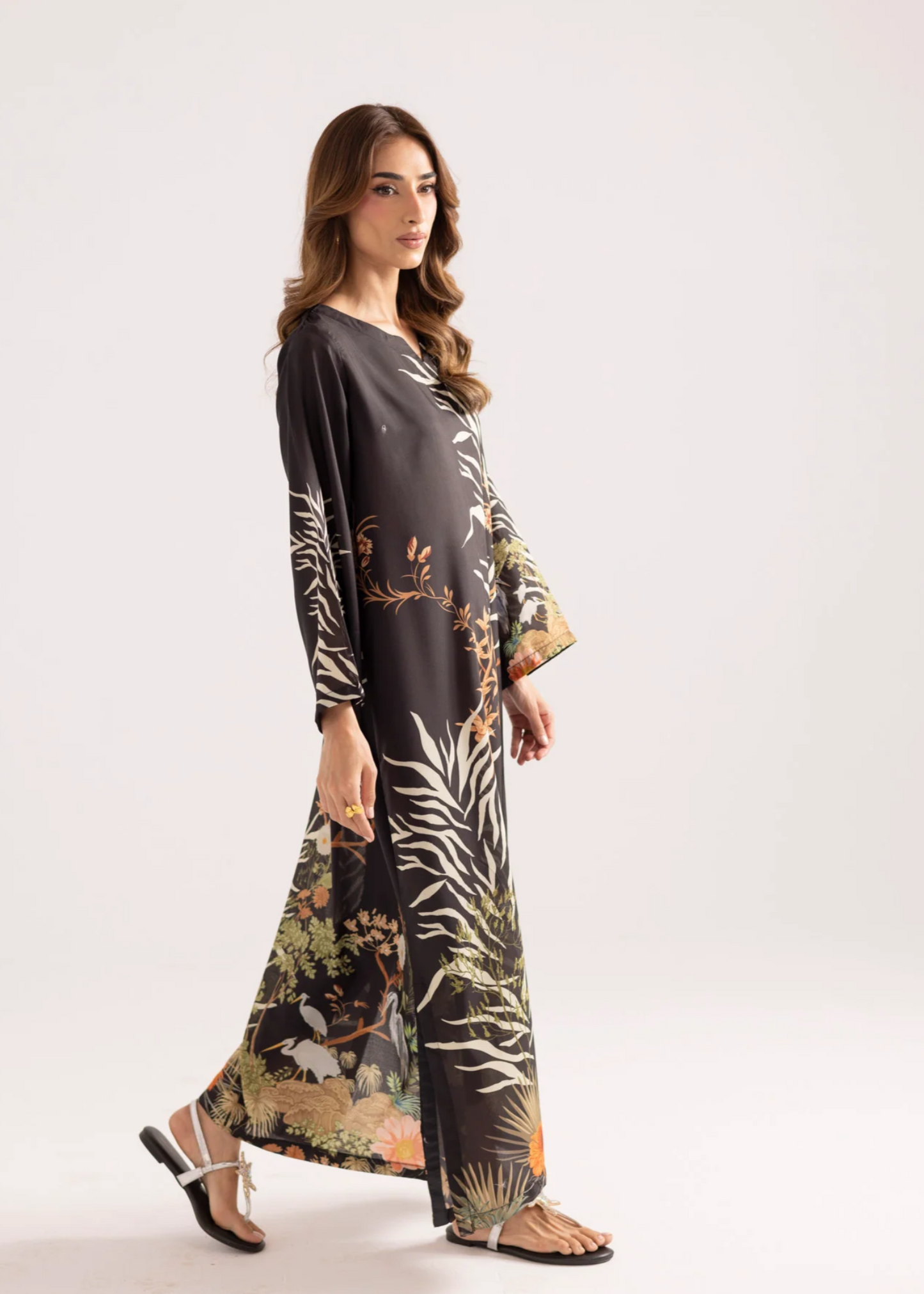 Ladies Black Printed Silk Kaftan Online in UK USA Canada