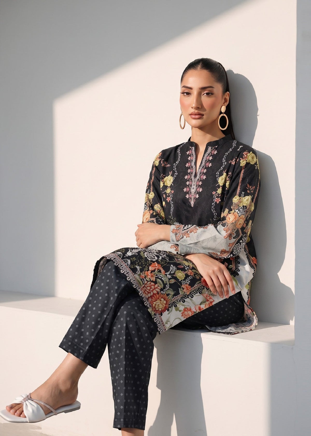 Ladies Black Printed Slub Lawn Kurta Set Online in UK USA Canada