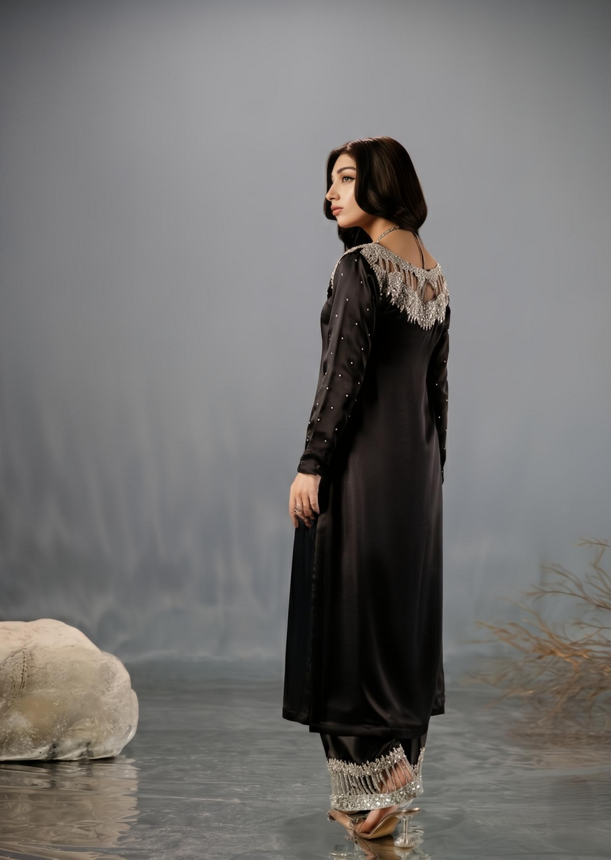 Ladies Black Stone Work Shalwar Kameez Online in UK USA Canada