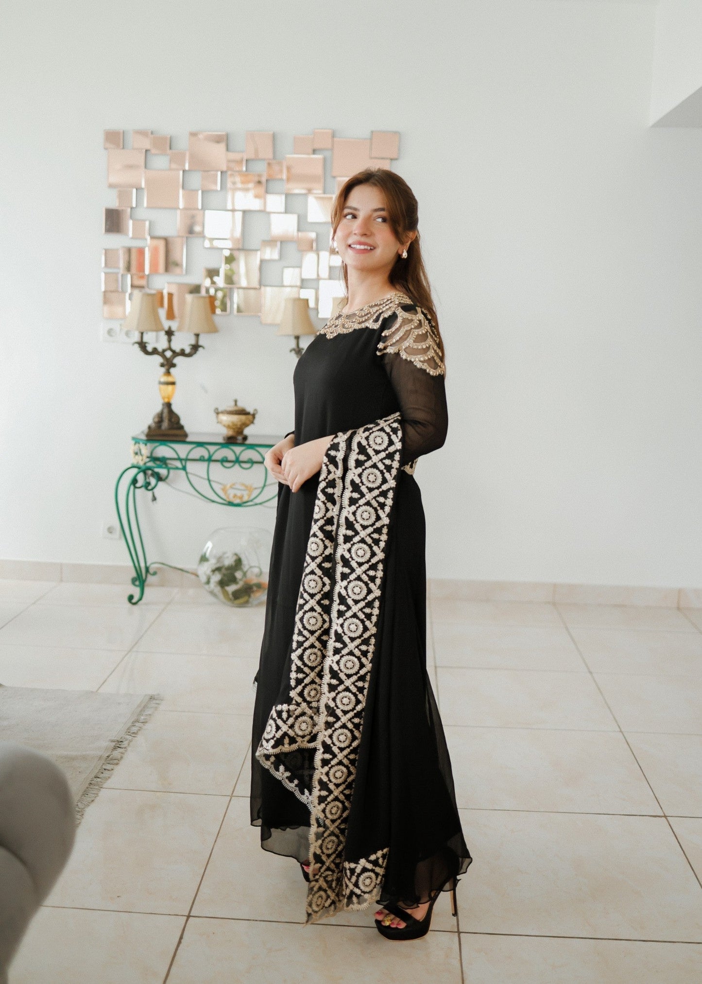 Ladies Black Stone Worked Maxi Salwar Kameez Online in KSA Riyadh Saudi Arabia Oman Bahrain Qatar