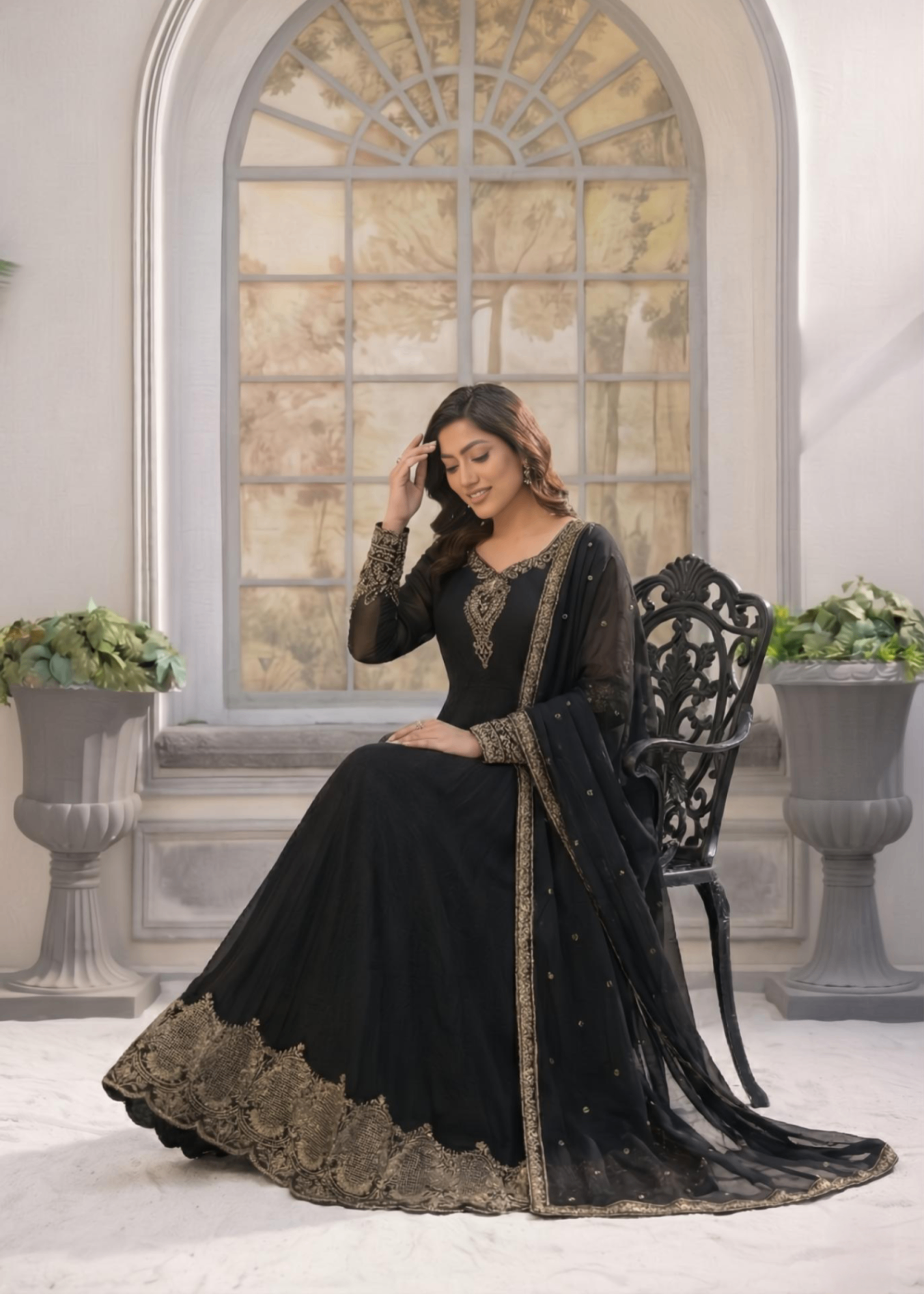 Ladies Black Tilla Embroidered A-Line Maxi Online in UK USA Canada