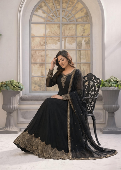 Ladies Black Tilla Embroidered A-Line Maxi Online in UK USA Canada