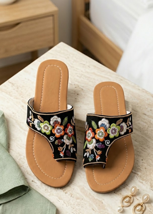 Ladies Black Velvet Kolhapuri Sandals Online in KSA Riyadh Saudi Arabia Oman Bahrain Qatar
