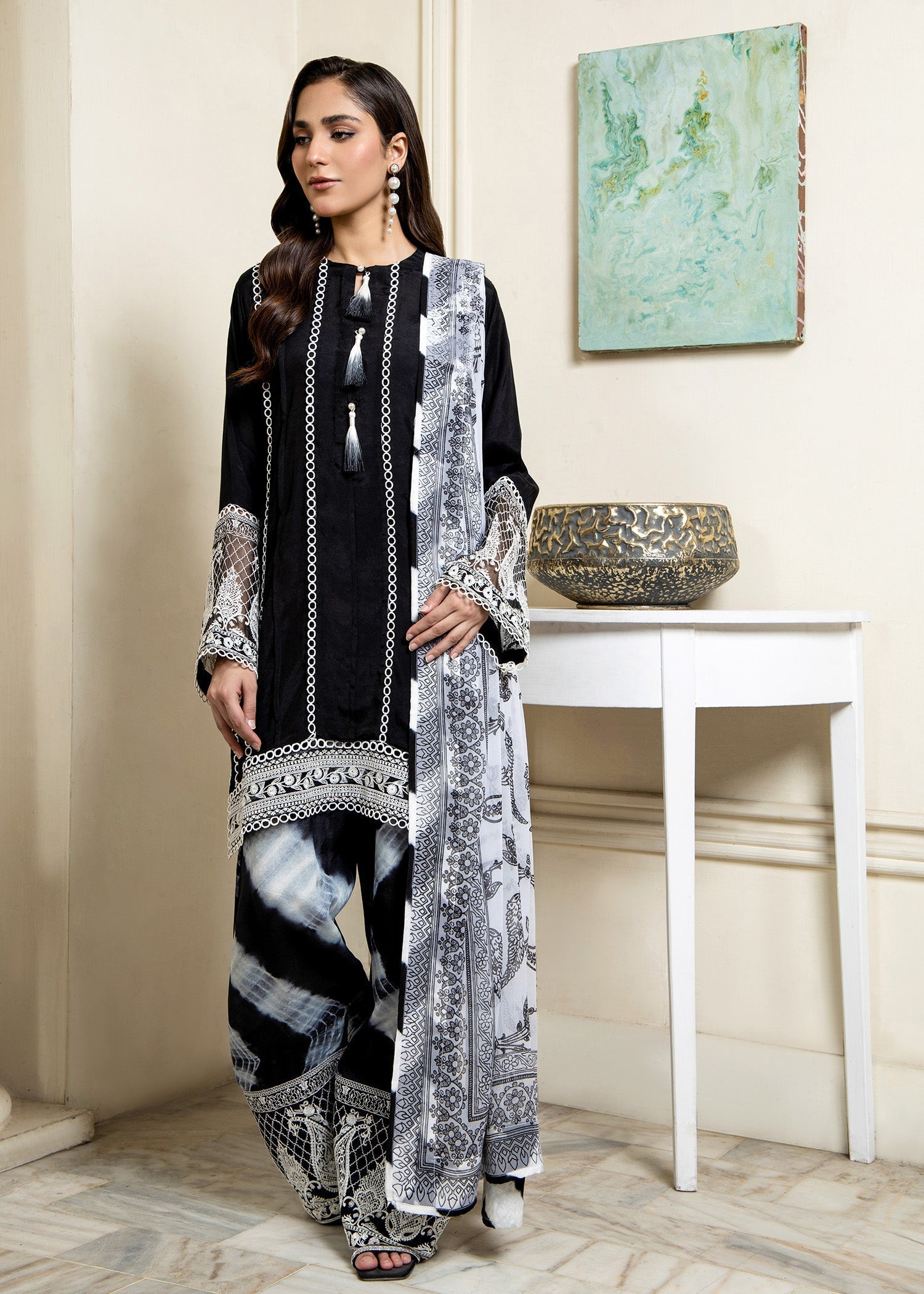 Ladies Black Viscose Short Kurta Farshi Shalwar Online in UK USA Canada