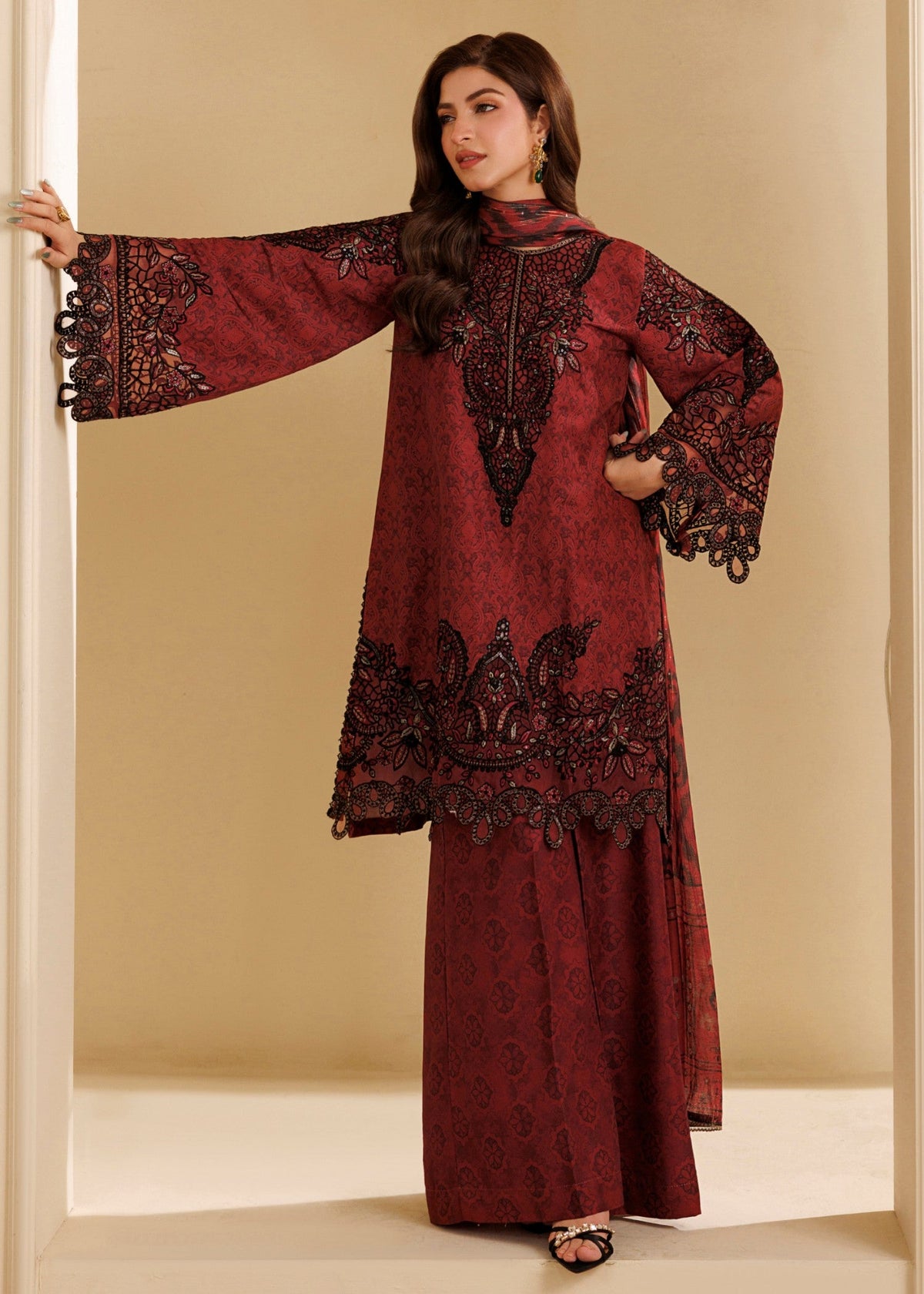 Ladies Blood Red Embroidered Khaddar Suit with Manaar Dupatta Online in Dubai DXB UAE Abudhabi Meena Bazaar