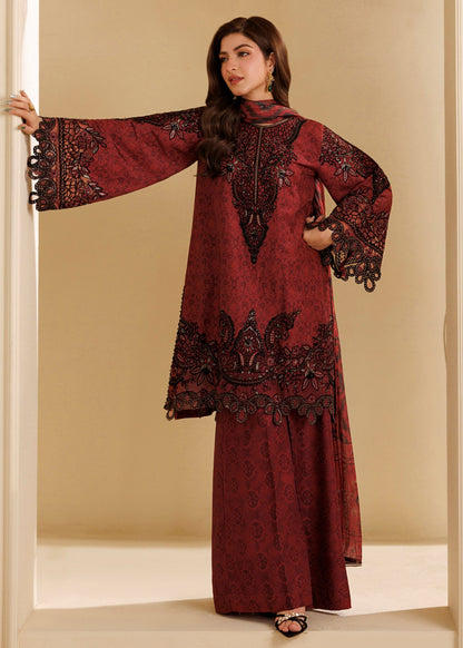 Ladies Blood Red Embroidered Khaddar Suit with Manaar Dupatta Online in Dubai DXB UAE Abudhabi Meena Bazaar