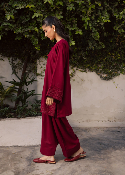 Ladies Blood Red Embroidered Lawn Farshi Shalwar Online in UK USA Canada