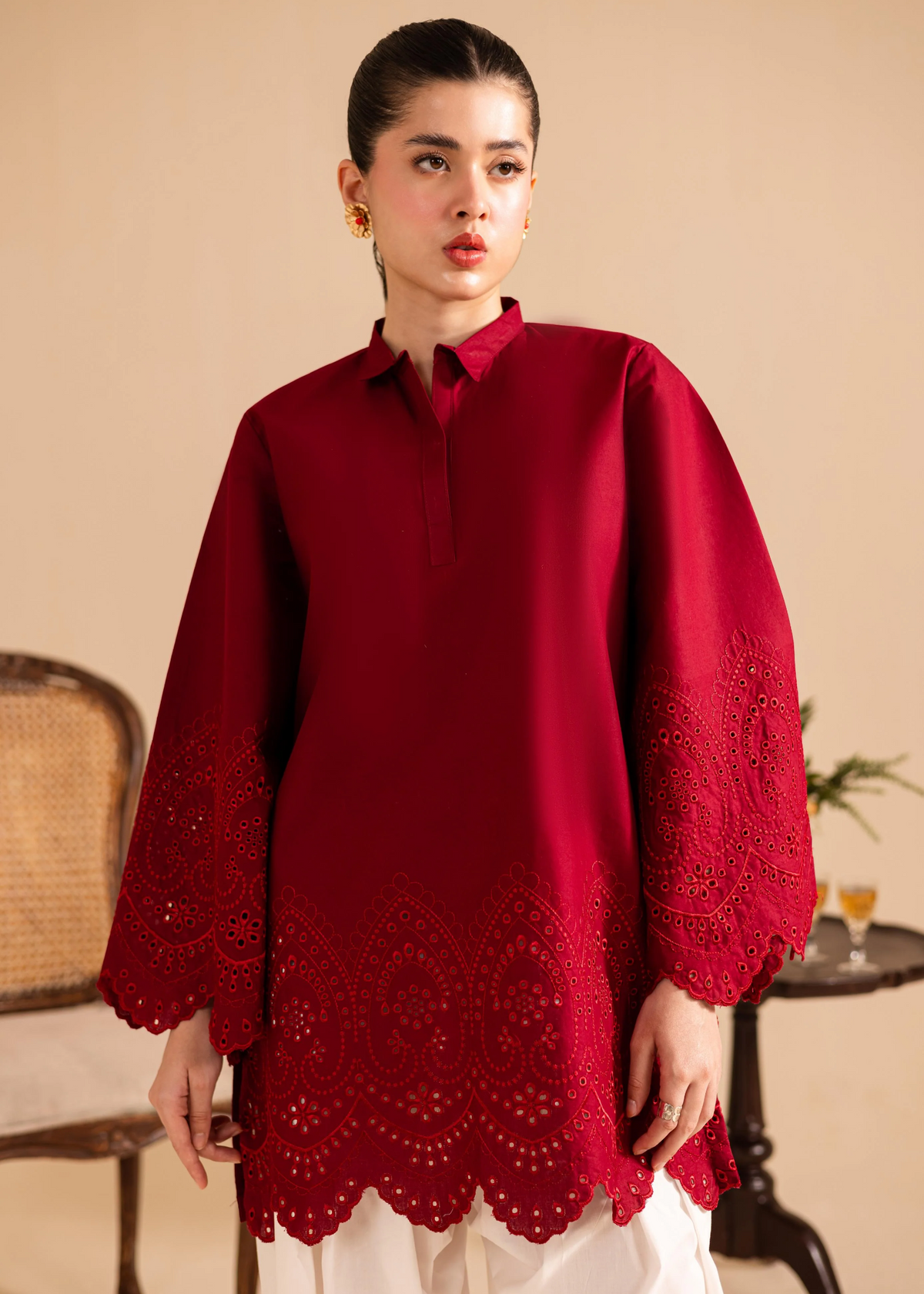 Ladies Blood Red Schiffli Embroidered Farshi Shalwar Online in UK USA Canada