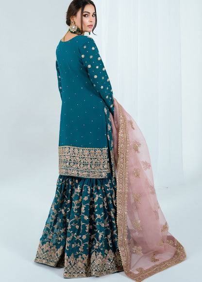 Ladies Blue Chiffon Embroidered Wedding Outfit Online in Dubai DXB UAE Abudhabi Meena Bazaar