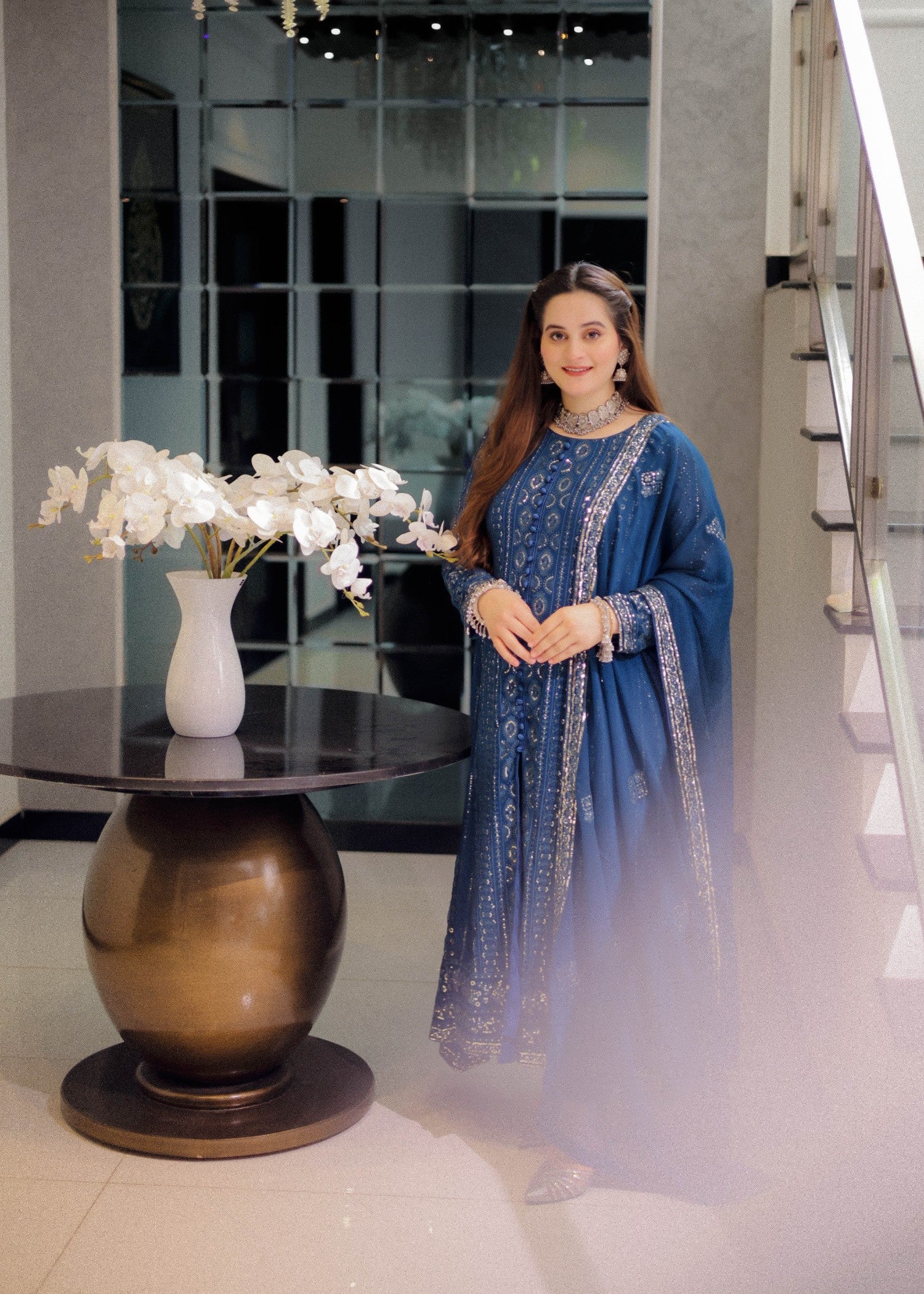 Ladies Blue Embellished Chiffon Festive Suit Online in Dubai DXB UAE Abudhabi Meena Bazaar