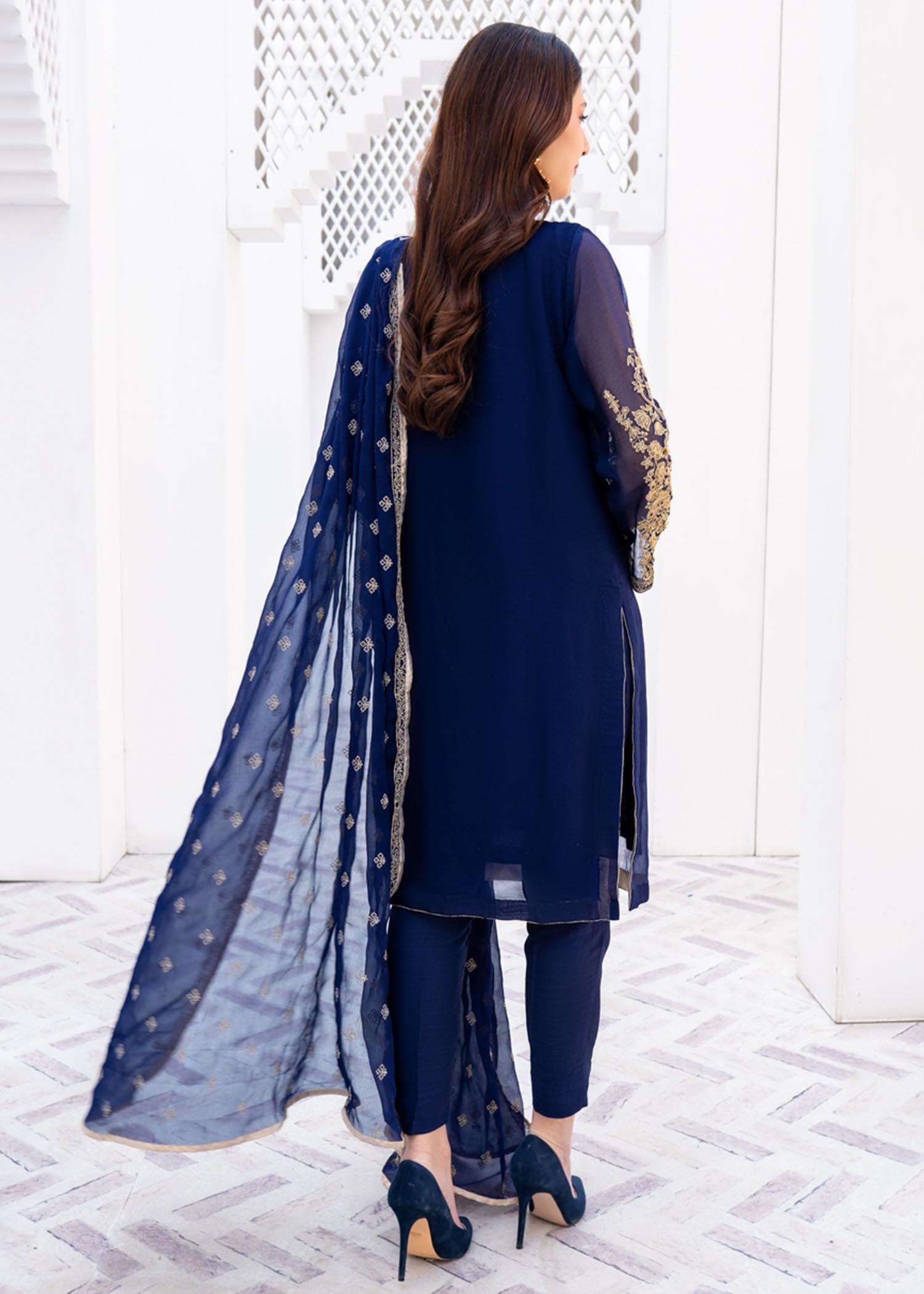 Ladies Blue Embellished Chiffon Shalwar Kameez Online in UK USA Canada