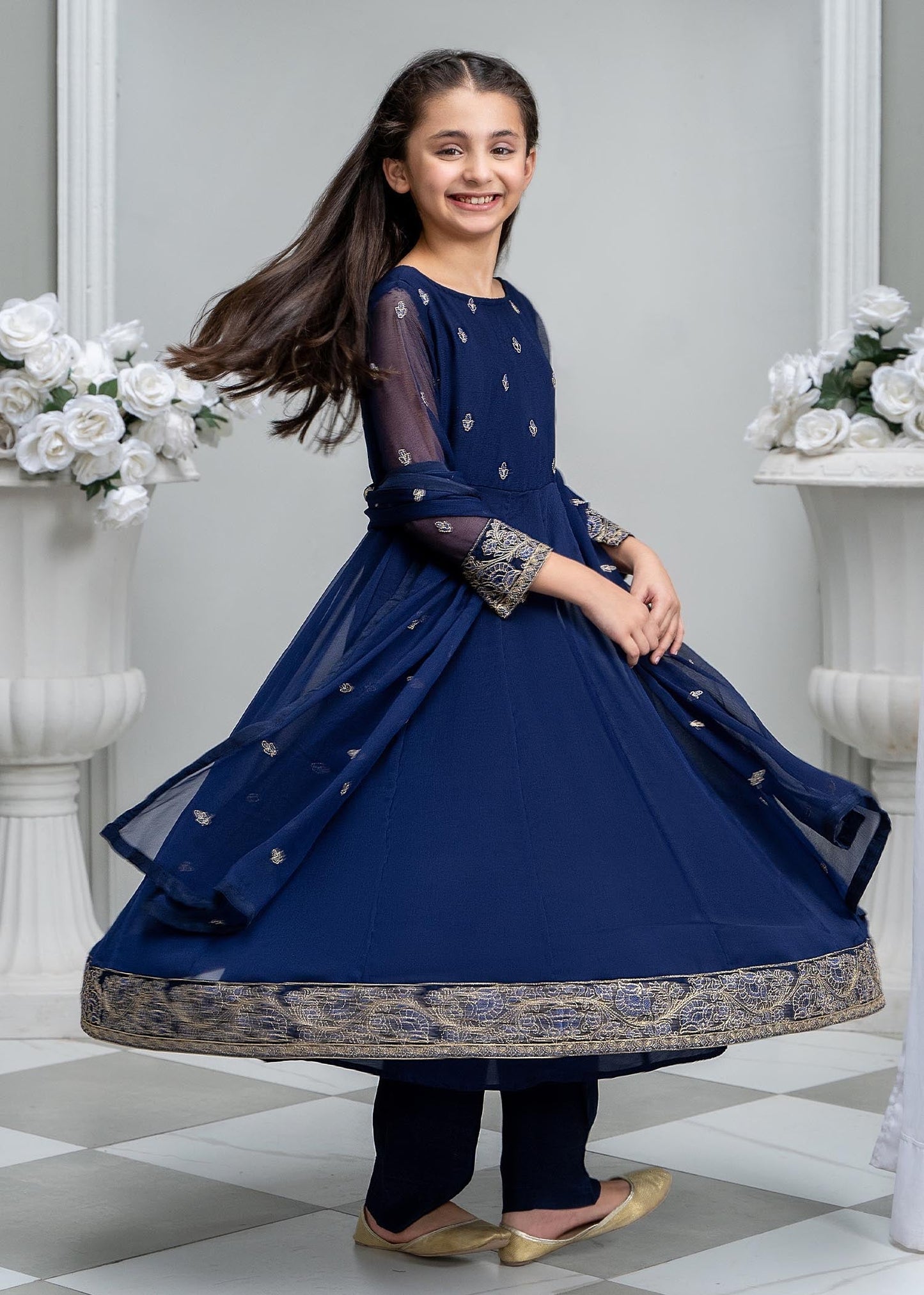 Ladies Blue Embroidered Chiffon Partywear Salwar Suit Online in UK USA Canada