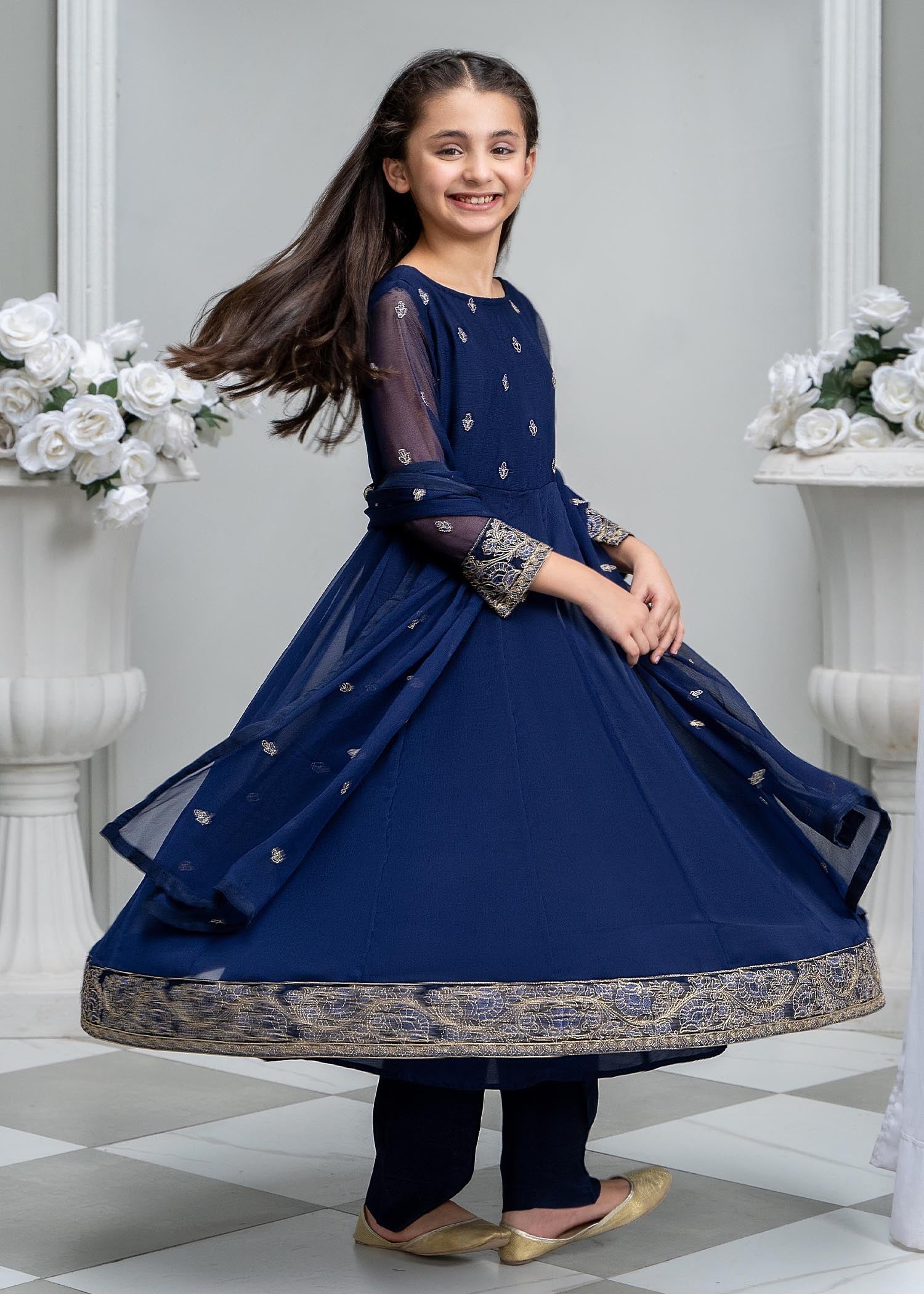 Ladies Blue Embroidered Chiffon Partywear Salwar Suit Online in UK USA Canada