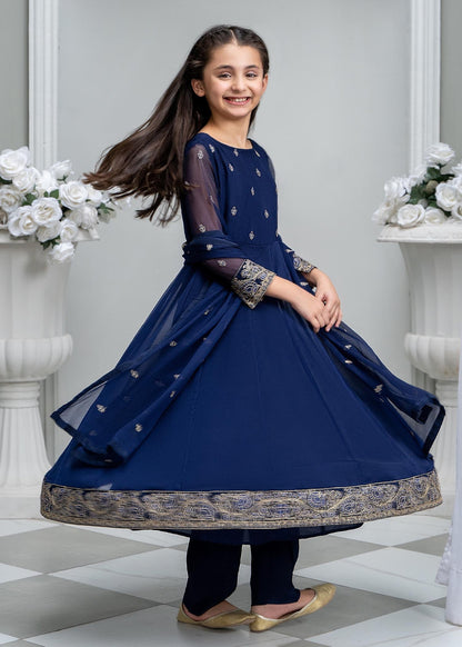 Ladies Blue Embroidered Chiffon Partywear Salwar Suit Online in UK USA Canada