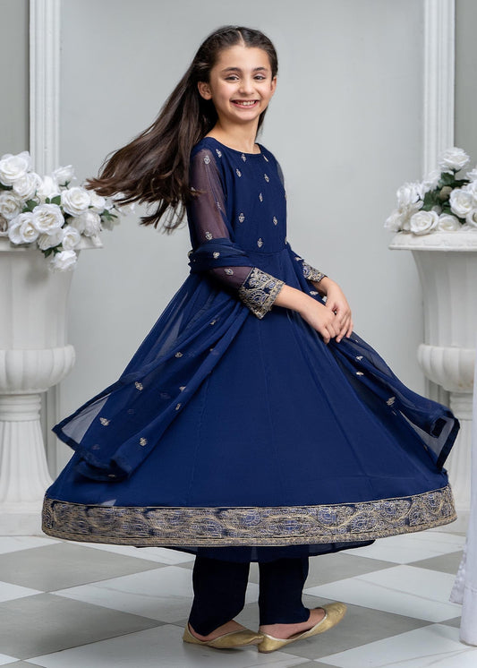 Ladies Blue Embroidered Chiffon Partywear Salwar Suit Online in UK USA Canada
