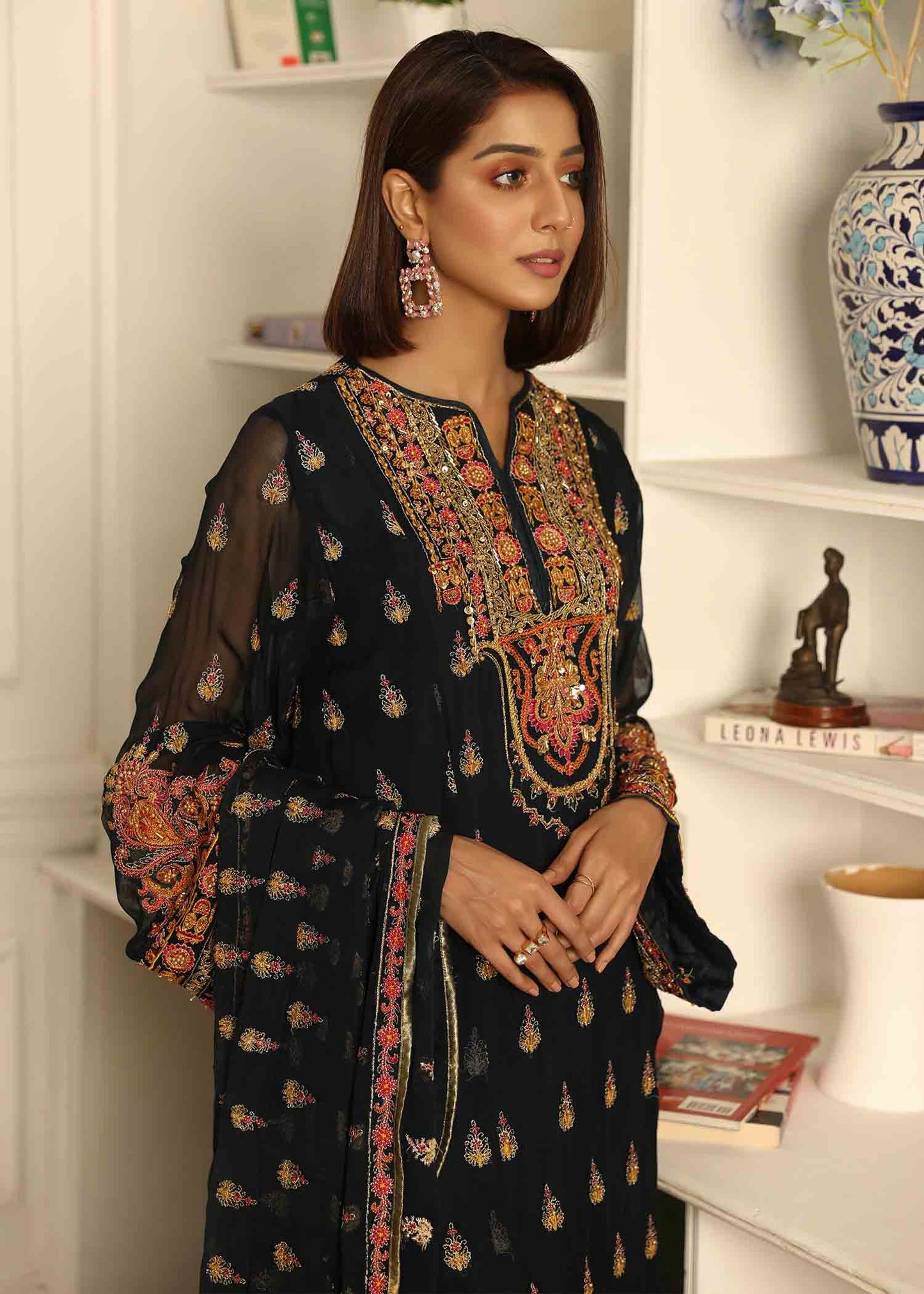 Ladies Blue Embroidered Chiffon Shalwar Kameez Online in UK USA Canada