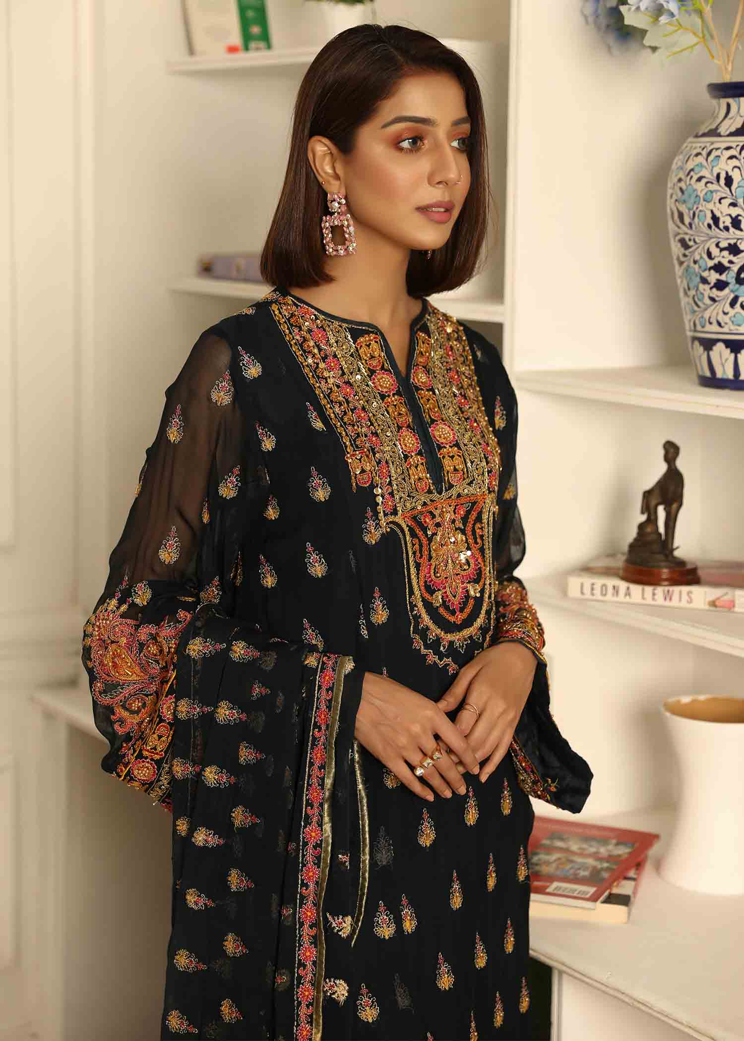 Ladies Blue Embroidered Chiffon Shalwar Kameez Online in UK USA Canada