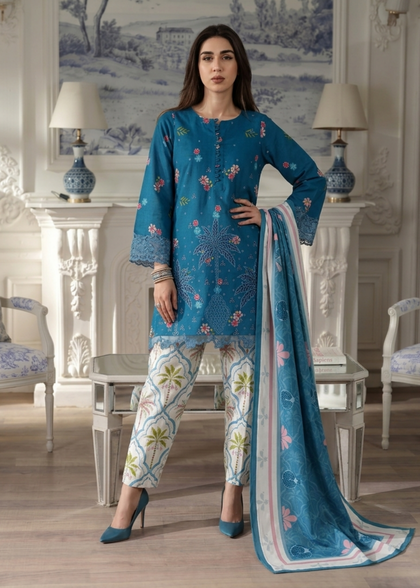 Ladies Blue Embroidered Lawn Shalwar Kameez Online in UK USA Canada