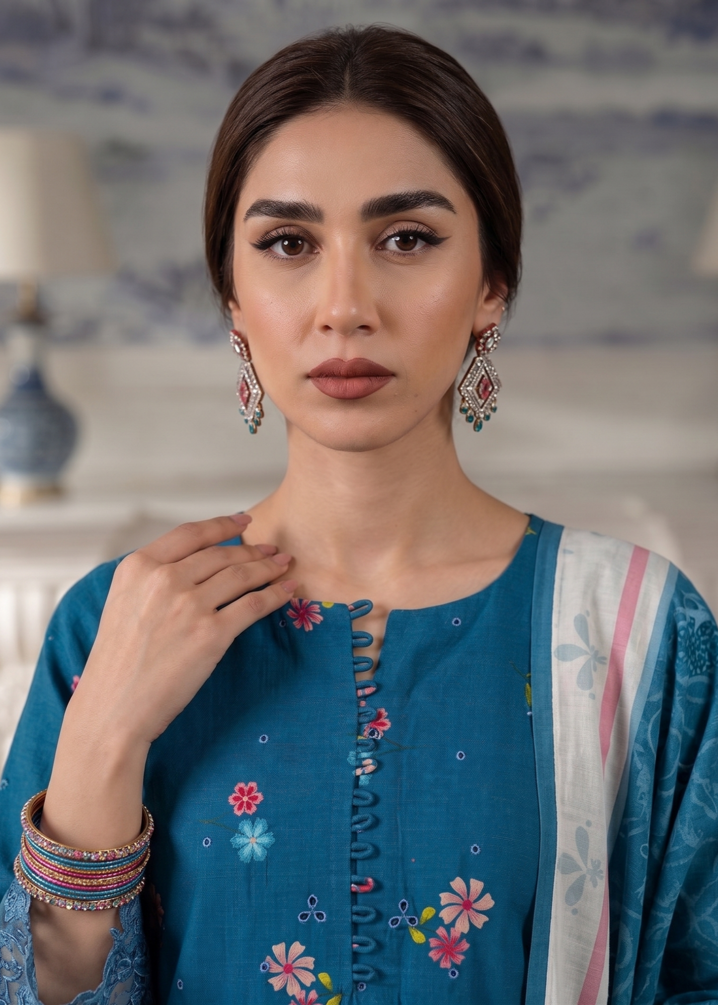 Ladies Blue Embroidered Lawn Trouser Suit Online in UK USA Canada