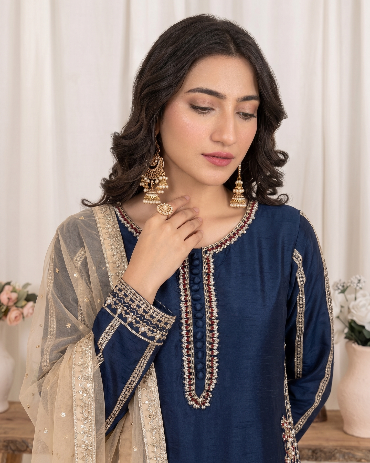 Ladies Blue Embroidered Organza Dupatta Salwar Kameez Online in KSA Riyadh Saudi Arabia Oman Bahrain Qatar