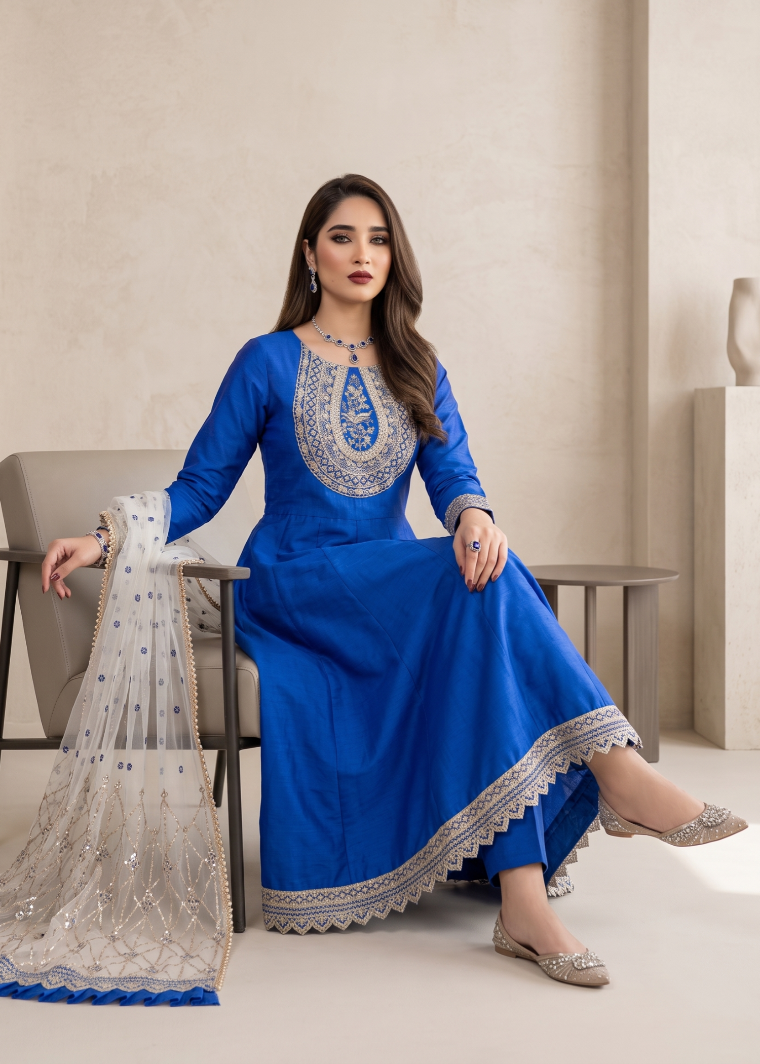 Ladies Blue Embroidered Silk Maxi Partywear Online in Dubai UAE Abudhabi Ajman Sharjah