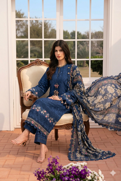Ladies Blue Lawn Shalwar Kameez Online in UK USA Canada