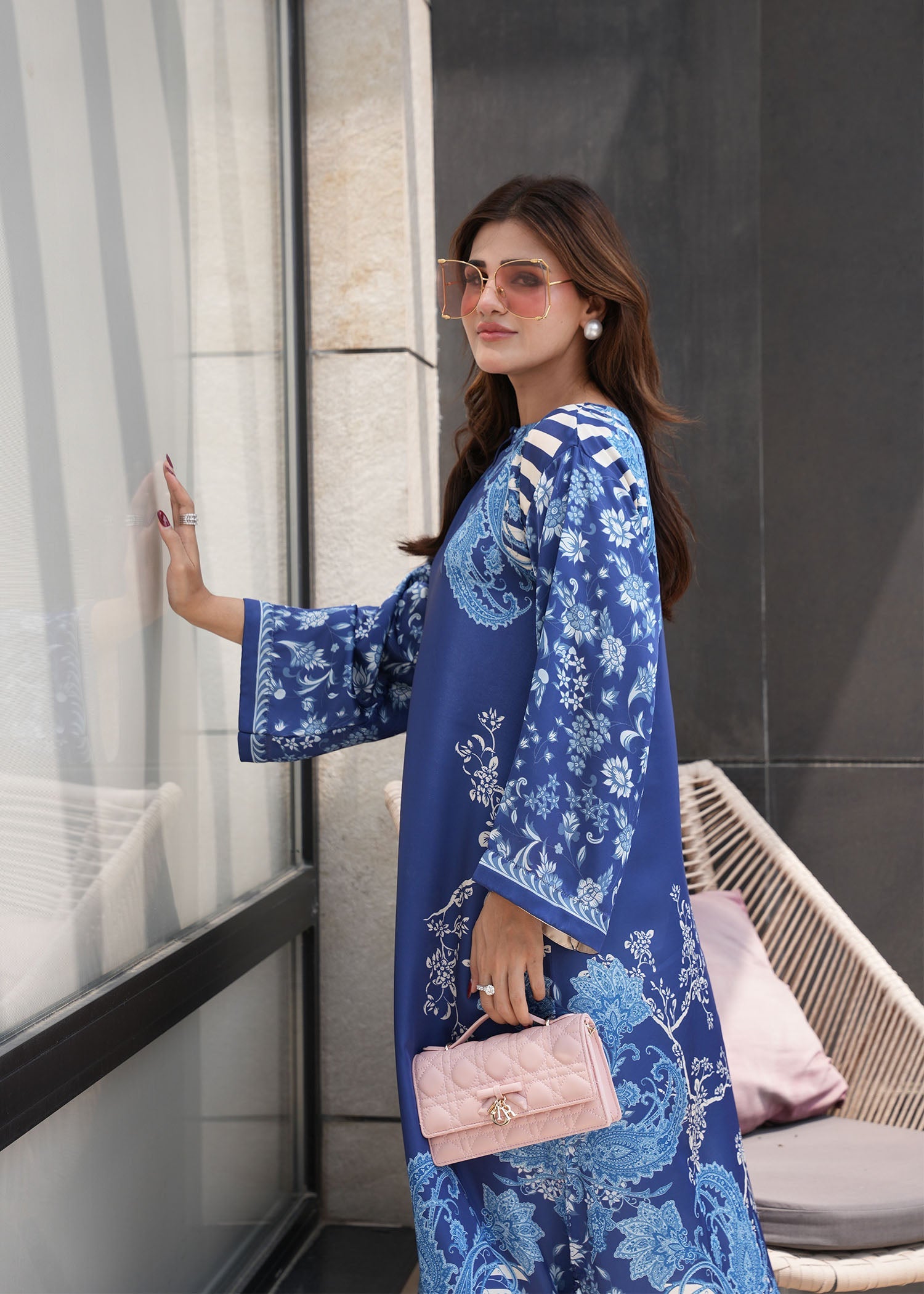 Ladies Blue Printed Satin Silk Kaftan Online in Sri Lanka India Australia